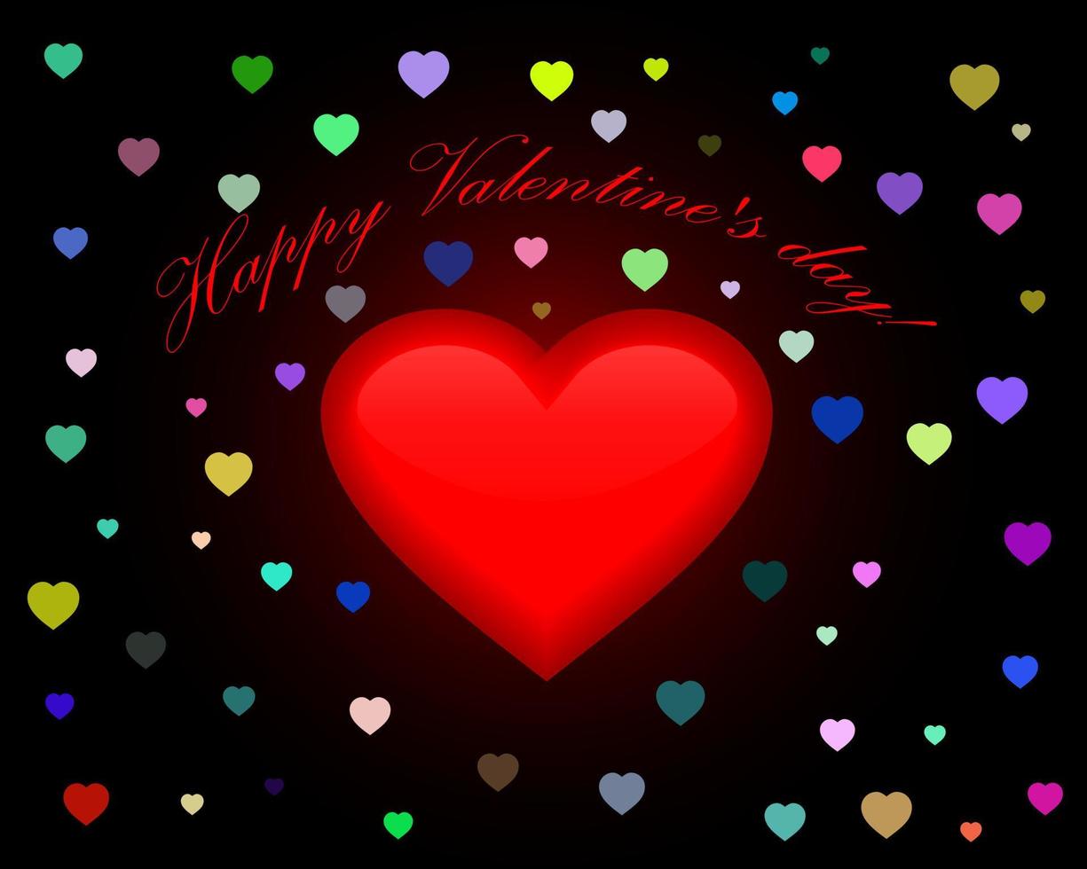 Valentine's day greeting card with hearts of different colors on a dark background vector