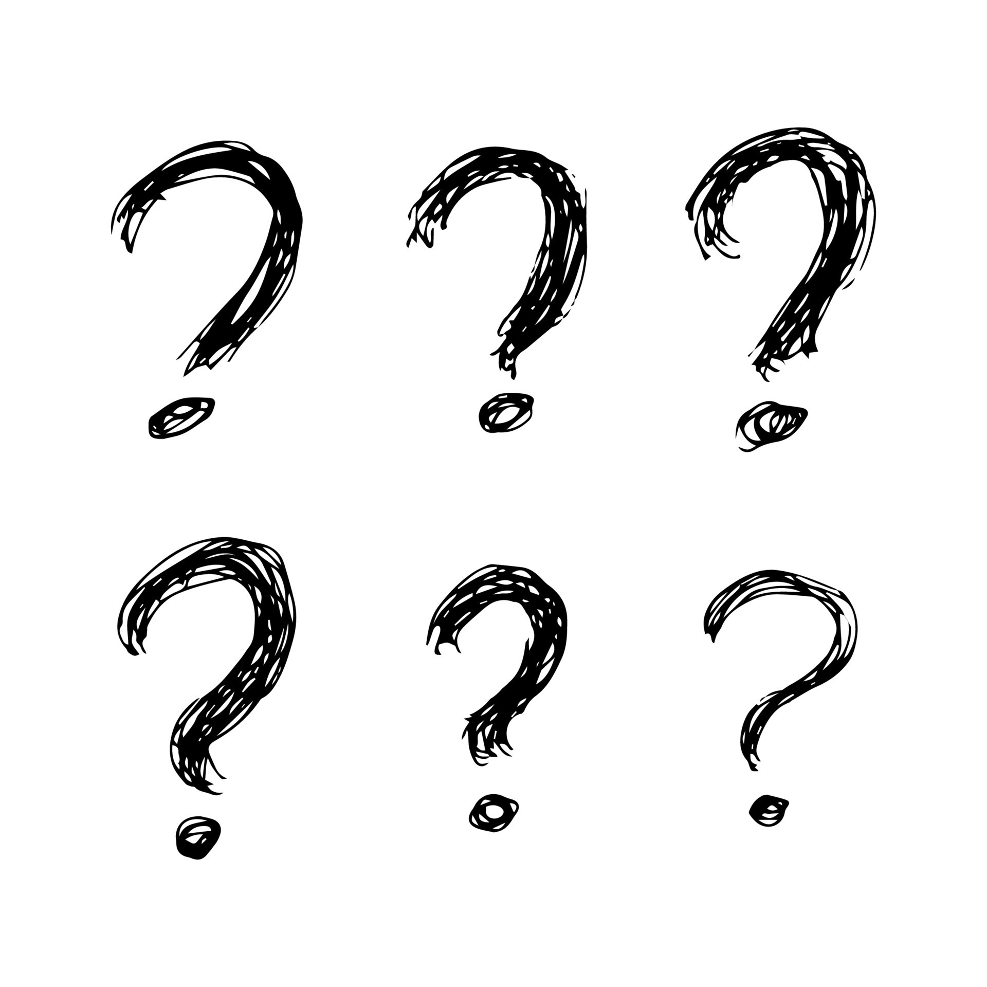 Set of six hand drawn question mark symbols. Black sketch question mark