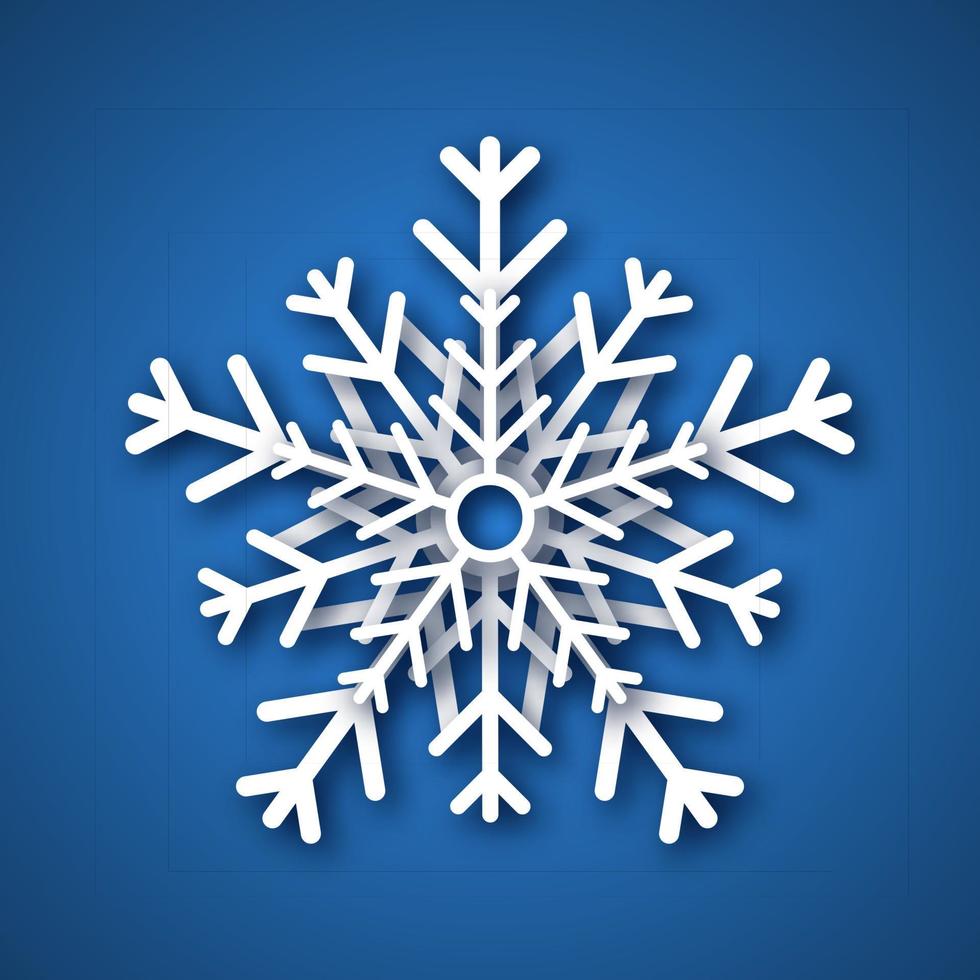 Paper cut snowflake. White snowflake on blue background. Christmas and New Year decoration elements. Vector illustration