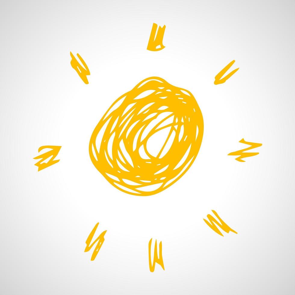 Hand drawn sun. Simple sketch sun. Solar symbol. Yellow  doodle isolated on white background. Vector illustration.