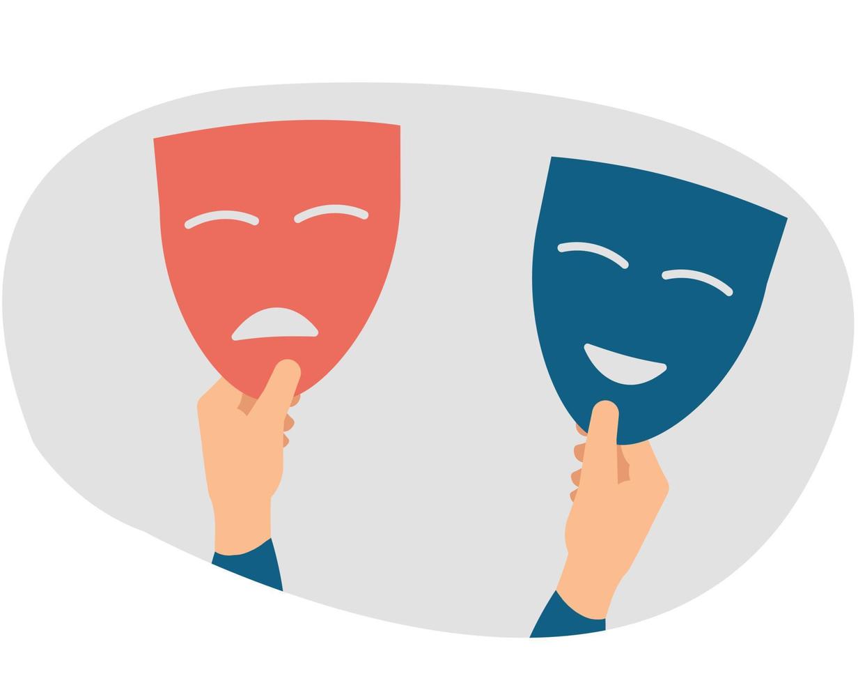Two hands holds happy and sad masks. Person suffers from split dual personality disorder. Illustration of schizophrenia. Bipolar and duality, psychology, mood swings concept. Vector illustration