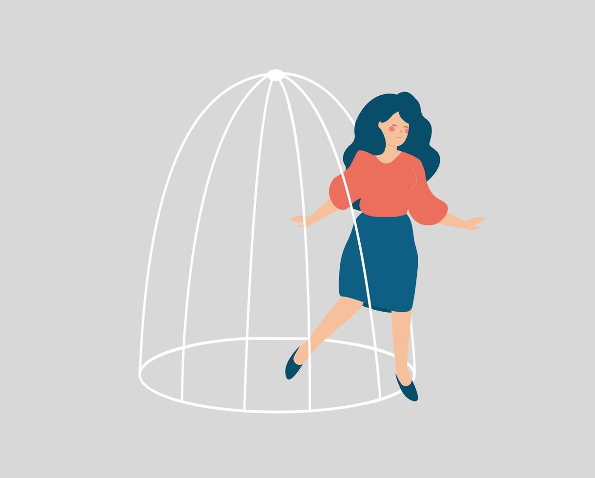 Woman escaping from a cage. Female steps out of prison. Girl getting out of a tight space. Concept of freedom, mental health disorders, rehabilitation, taking new opportunities and challenges. vector