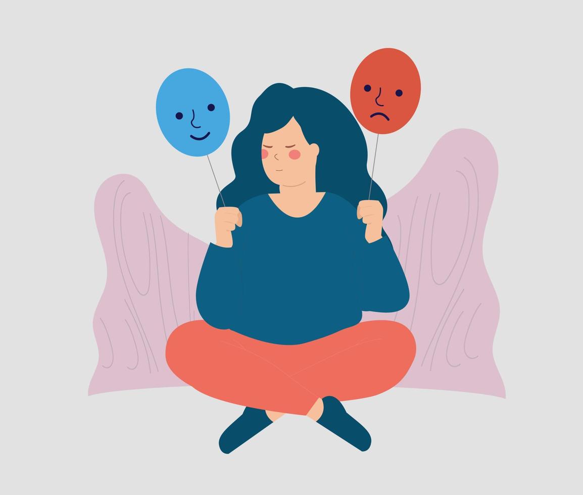 Woman suffers from Bipolar disorder holds two faces, happy and sad mask. Female teenage girl has schizophrenia disease and split personality. Mental health illness concept. Vector illustration