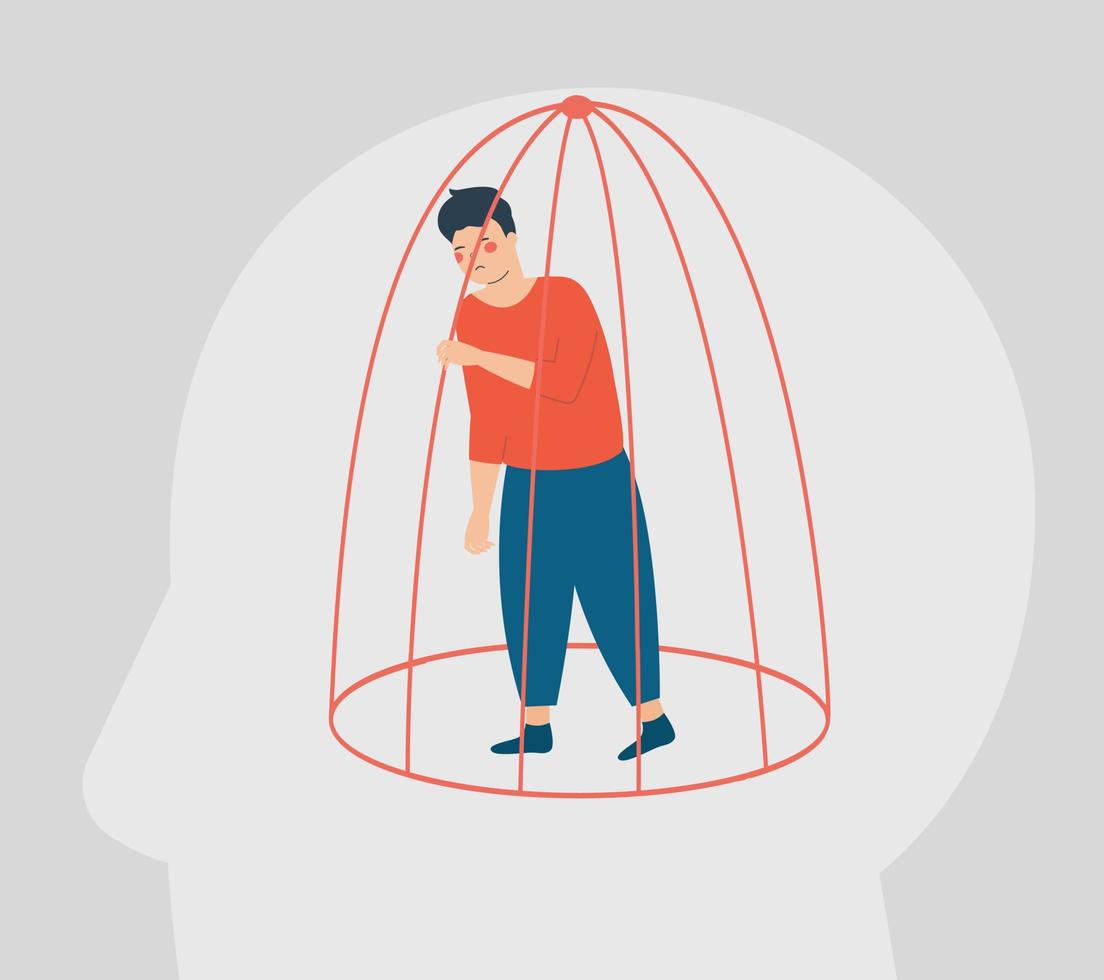 Sad man needs help inside a closed cage. Influence of drug addiction on self confidence and mental health. Concept of restrictions on human rights, freedom of speech in society. Vector illustration