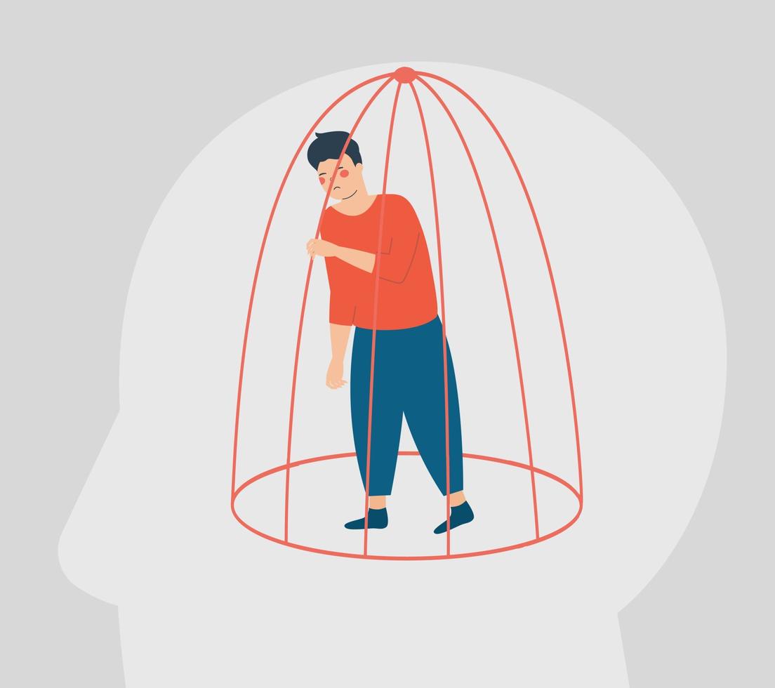 el hombre triste necesita ayuda dentro de una jaula cerrada. influencia de la adicción a las drogas en la confianza en uno mismo y la salud mental. concepto de restricciones a los derechos humanos, libertad de expresión en la sociedad. ilustración vectorial vector