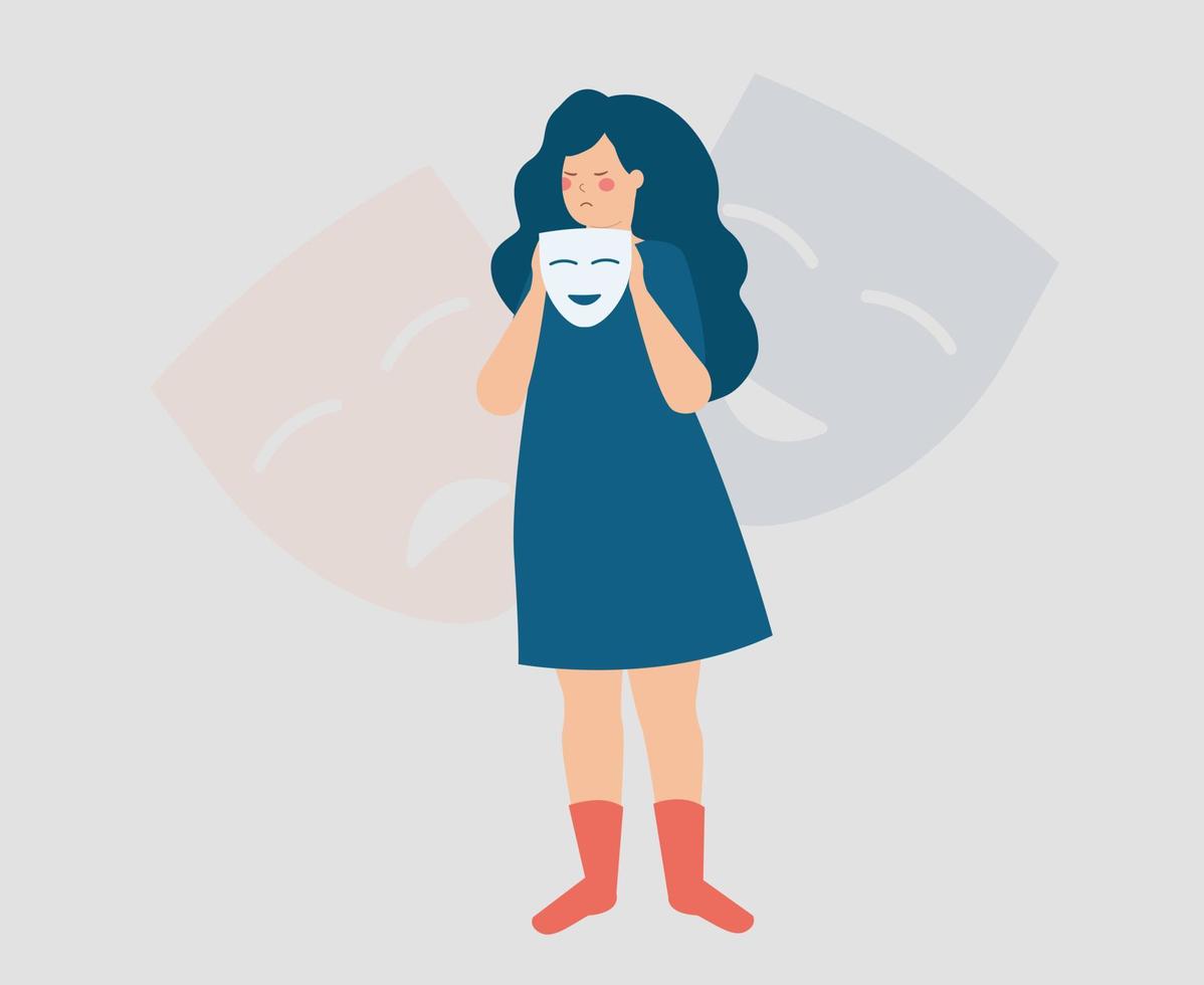 Woman with schizophrenia disease and split personality. Schizophrenic female has Bipolar disorder with happy and sad masks behind. Mental health illness and dual identity concept. Vector illustration.