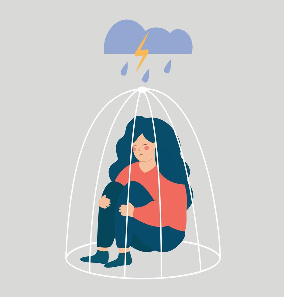 Sad woman or girl needs help inside a closed cage. Influence of drug addiction on psychology and mental health. Concept of restrictions on the ability of women in society. Vector stock