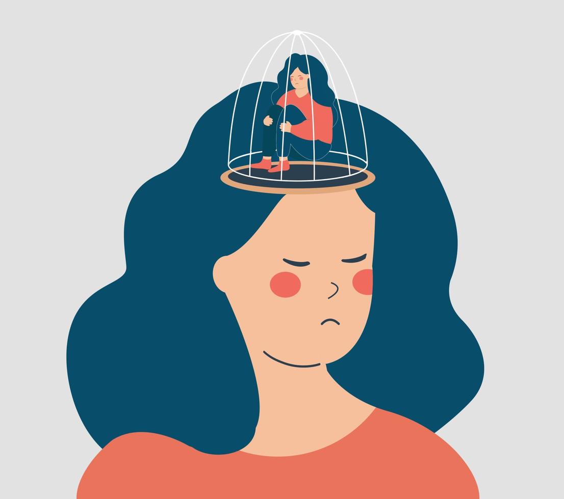Woman with prisoner in cage inside of her brain. Female suffers from drug  addiction, depression, rights restrictions, repression in the society.  Concept of freedom of speech, mental health disorders. 12665891 Vector Art