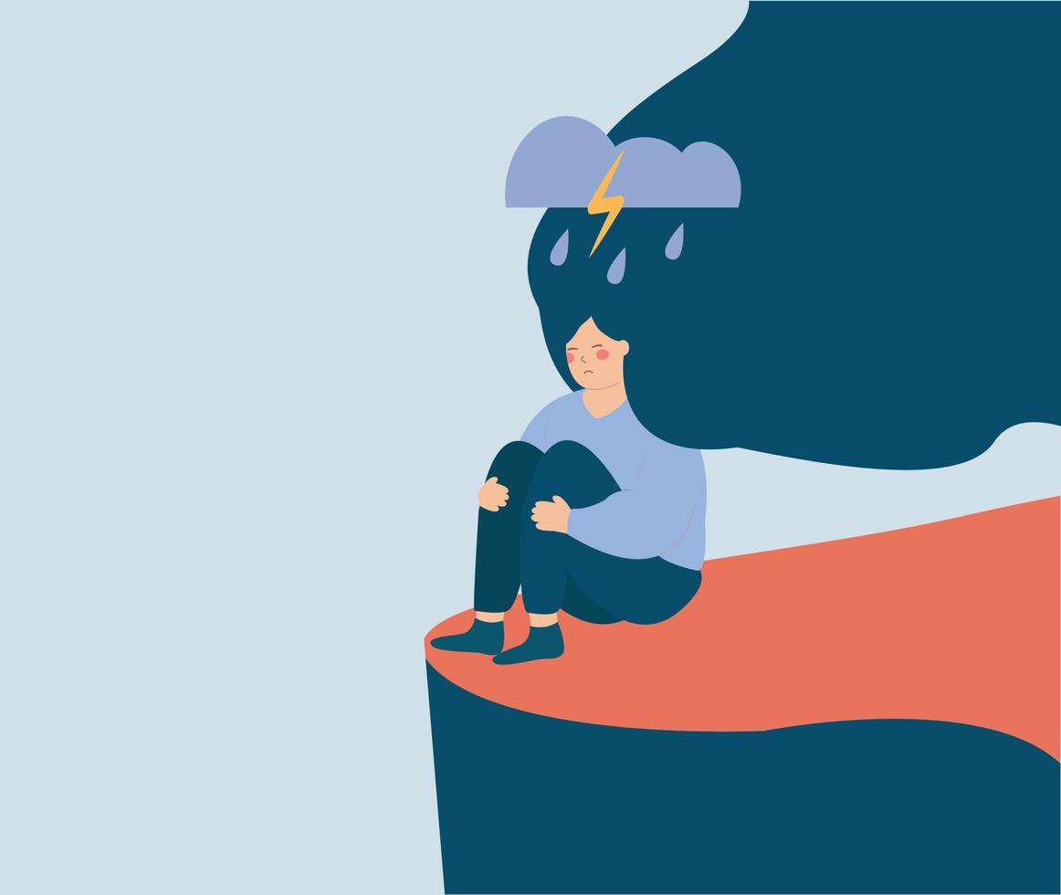 Woman sits on the edge of a cliff suffers from mental health disorders and loneliness. Sad teenage girl with tangled thoughts and psychological problems. Concept of depression, solitude and stress. vector