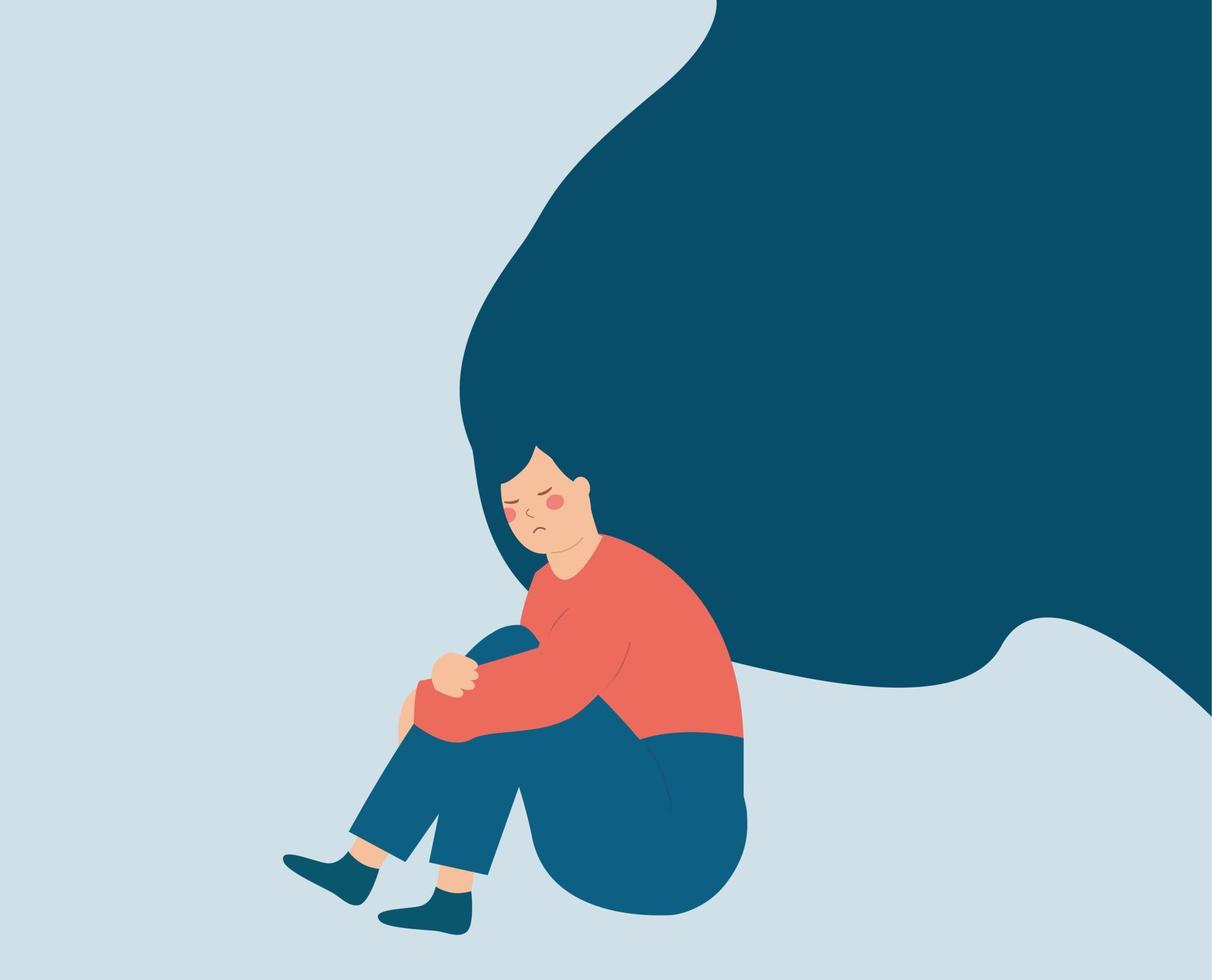 Sad woman with flying hair suffers from depression and stress. Lonely girl sitting and hugging her knees. Mental health illness and psychological problems concept. Vector illustration