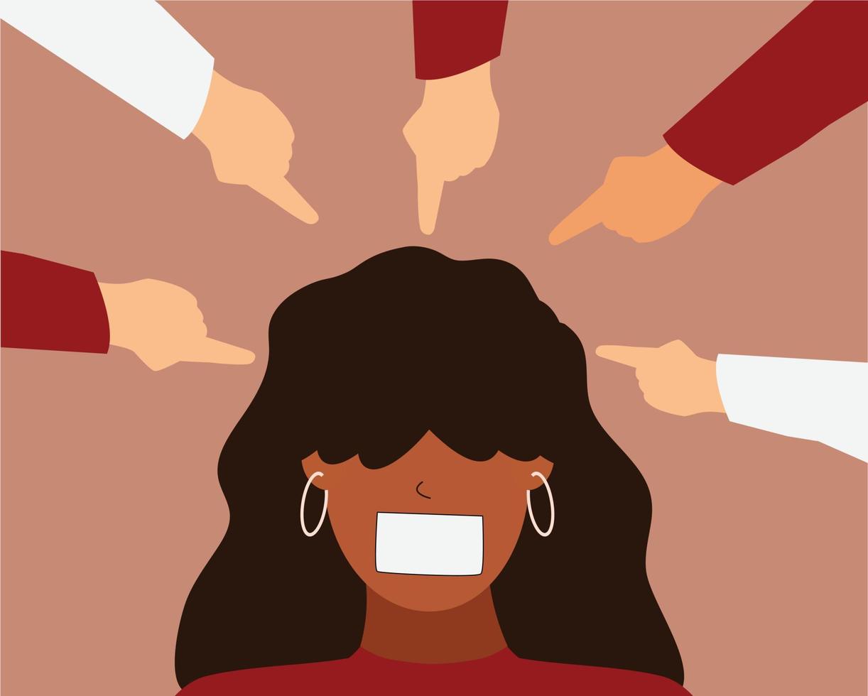 People surround an African American woman and point fingers on her. Black girl with closed mouth gets bullied by classmates. Stop bullying, discrimination, accusation, abuse, victim blaming concept. vector