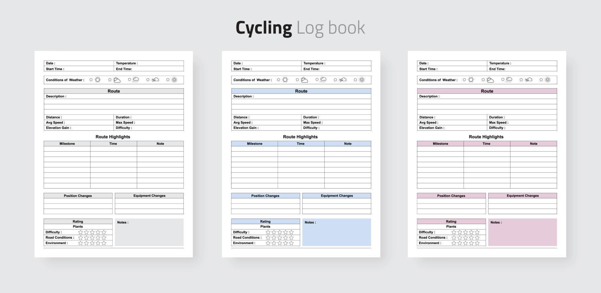 libro de registro de ciclismo para los amantes de la bicicleta, datos del ciclista y diario del monitor de kilometraje diario vector