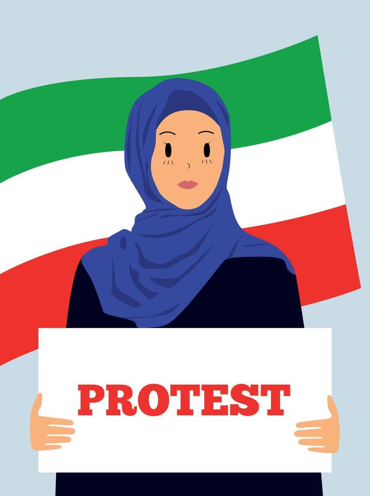 Protests in Iran. Rally and protest in iran 2022. Women's freedom in Iran. The woman asks for help. Muslim women in a hijab protest. Arabic girl holding a blank poster. Support Iran vector