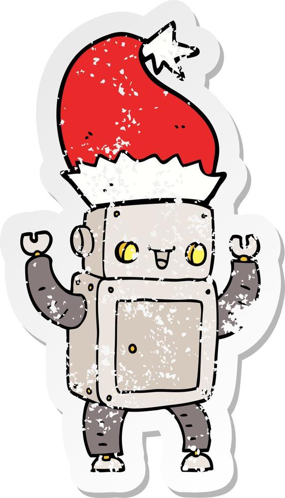 distressed robot character with christmas hat vector