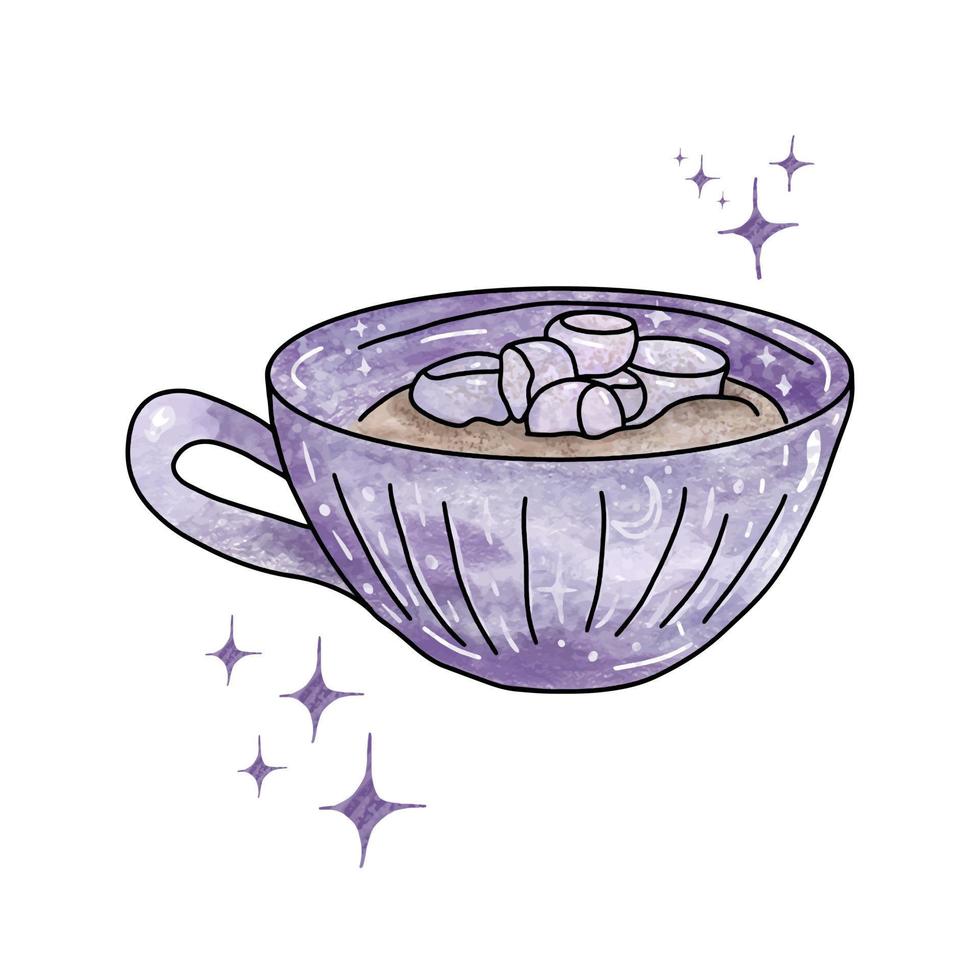 Hand drawn watercolor coffee mug decorated with celestial symbols. Cute cup of coffee with with marshmallow. Isolated on white background vector
