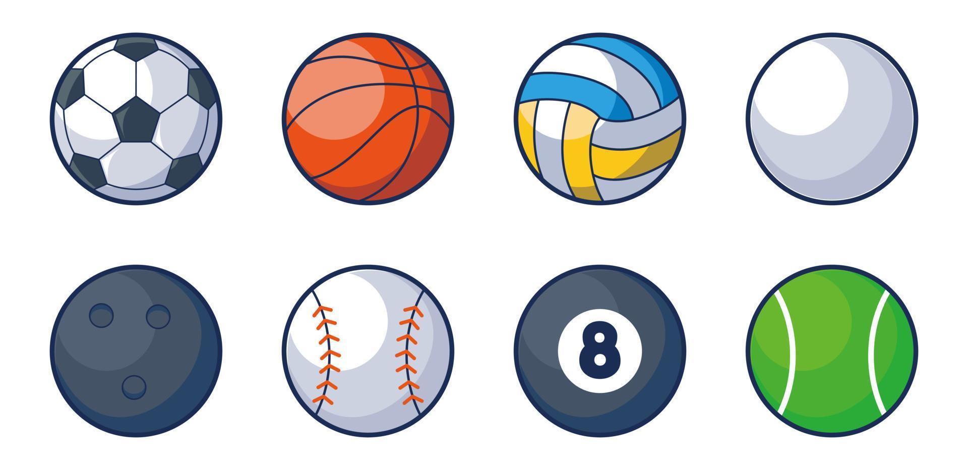 pelotas de deporte equipos de fútbol, tenis, voleibol, béisbol y fútbol. conjunto de vector de bola de juego plano. ilustración de baloncesto y béisbol, voleibol y fútbol