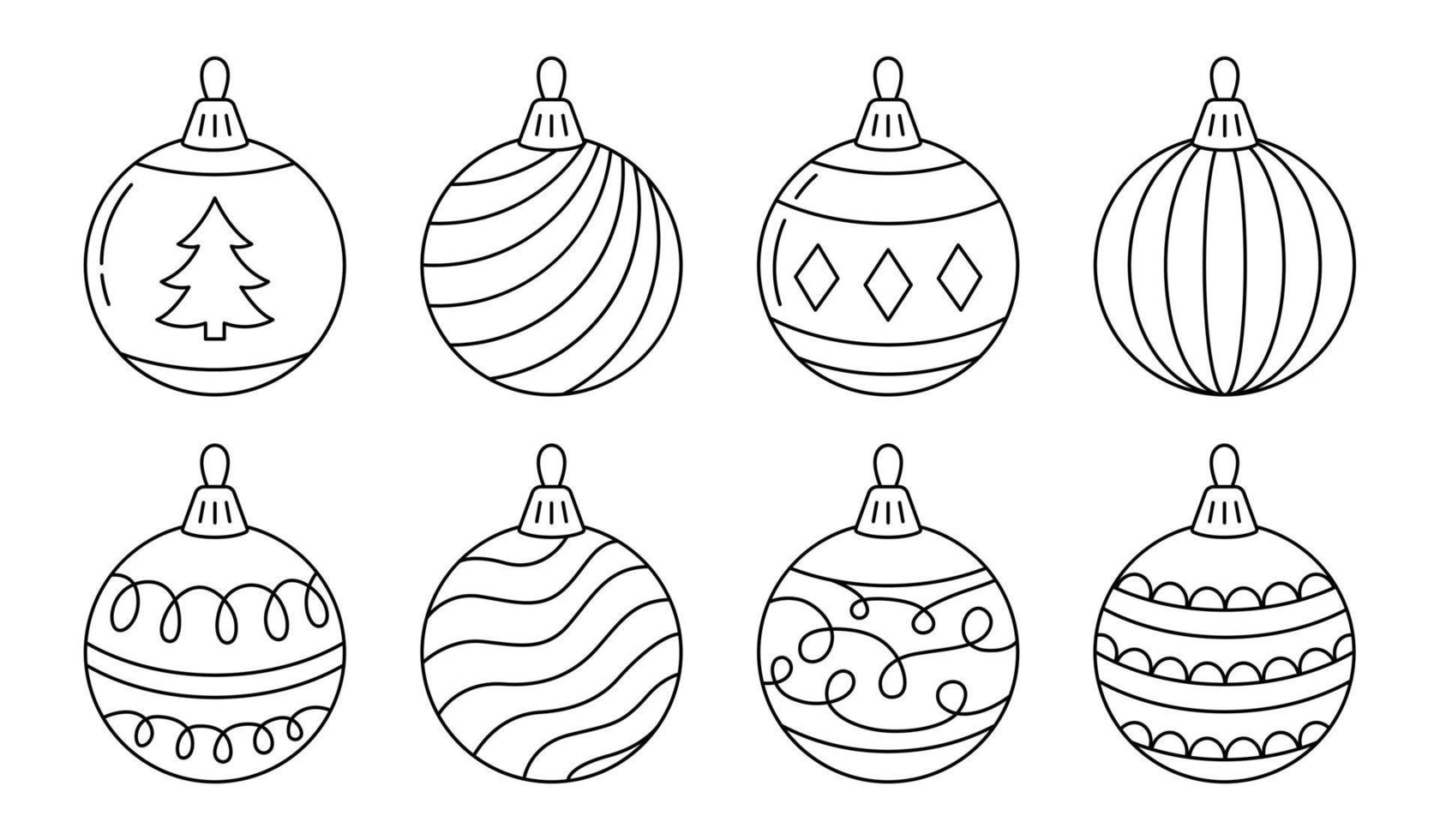 Set of Christmas tree line balls. Decorated baubles isolated on white background. vector