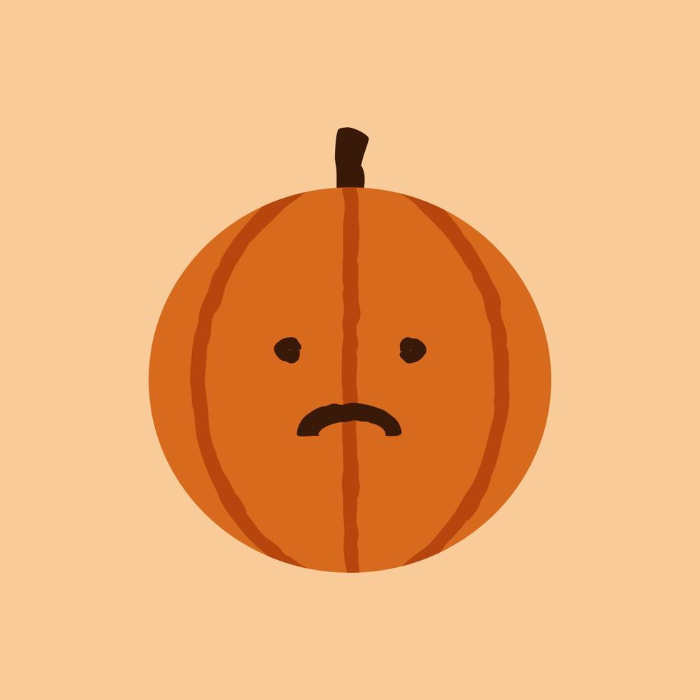 Halloween Pumpkin Sad Emote, Orange Worried Face with a Slight Frown, Mild degree of Concern, Disappointment, or Sadness. October Holiday Jack O Lantern Isolated Vector