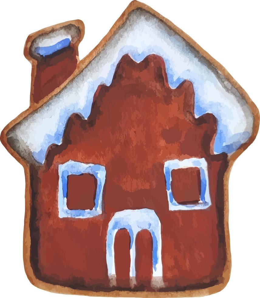 galleta de navidad casa de pan de jengibre en la nieve acuarela dibujado a mano clipart aislado vector