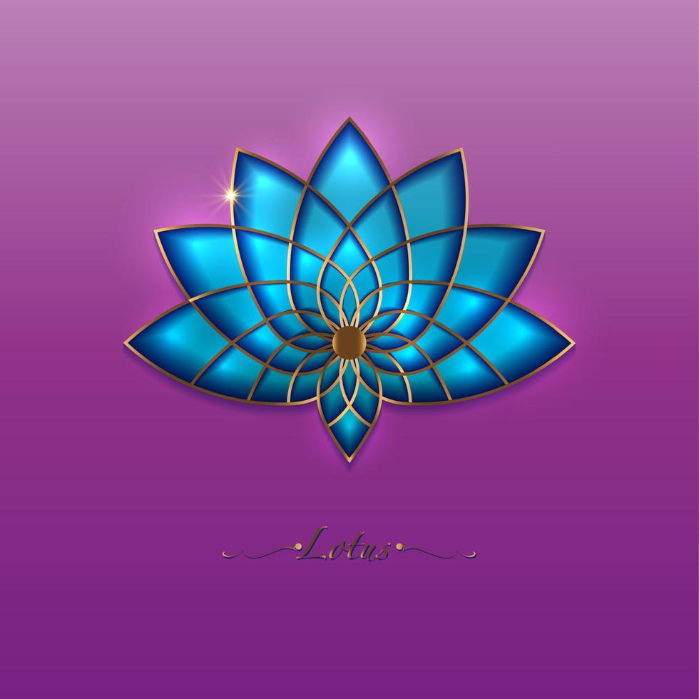 flor de loto azul, mandala de geometría sagrada, adorno de lujo dorado, logotipo floral de arte de línea dorada. símbolos de flor de yoga, spa, salón de belleza, cosméticos, relajación, estilo de marca. vector aislado