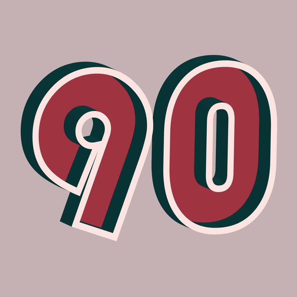 Vector number 90 with 3D effect in retro style Well red and Deep Teal