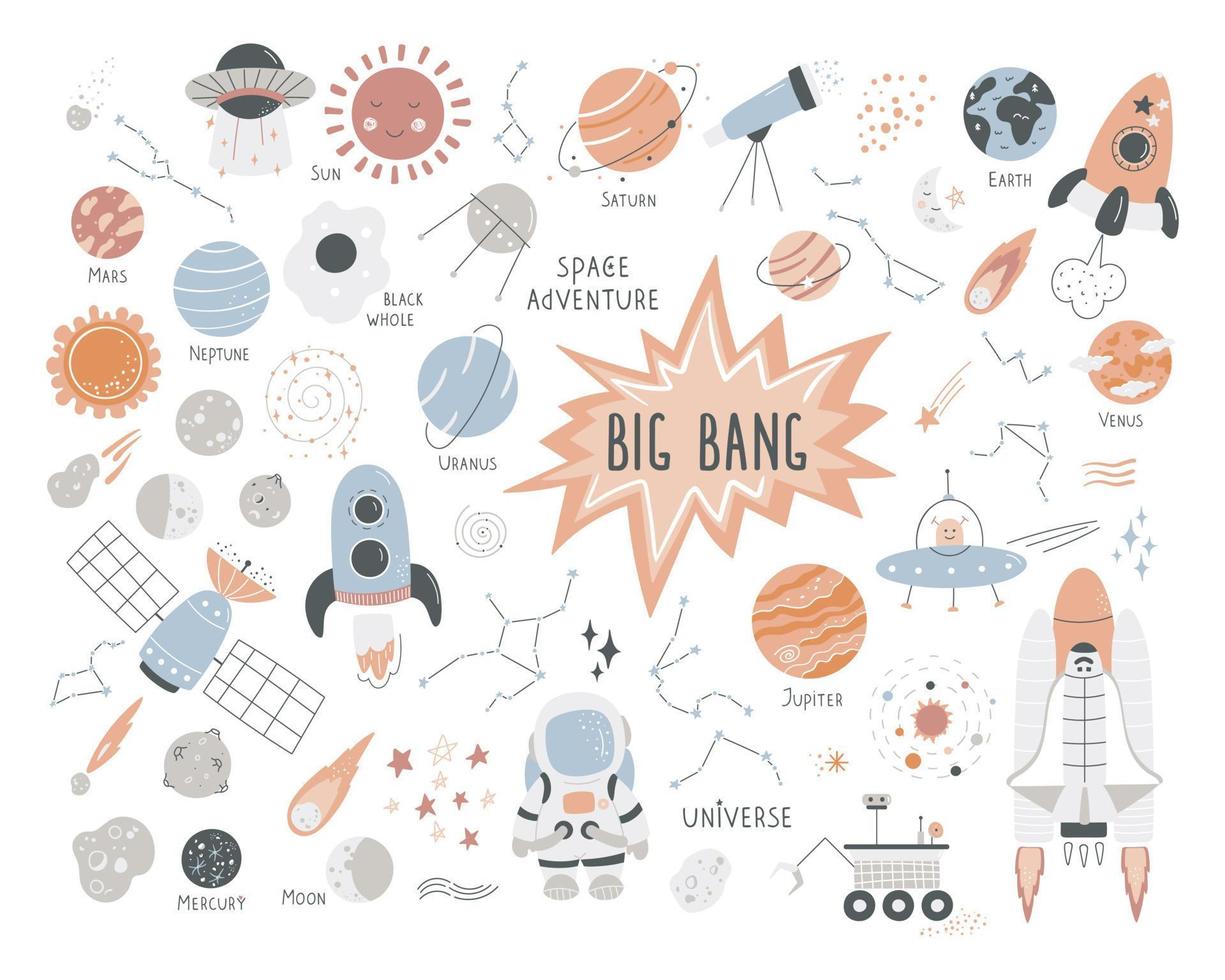 Cartoon space elements. Set of hand drawn cosmic items. Design for kids clothes, room decoration, card, poster vector