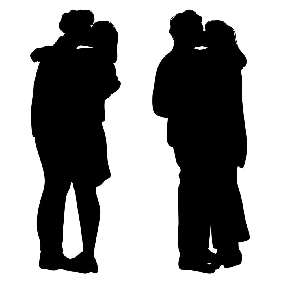 Silhouettes of kissing couples. Men and women embracing outline. Romantic lovers hugging. vector