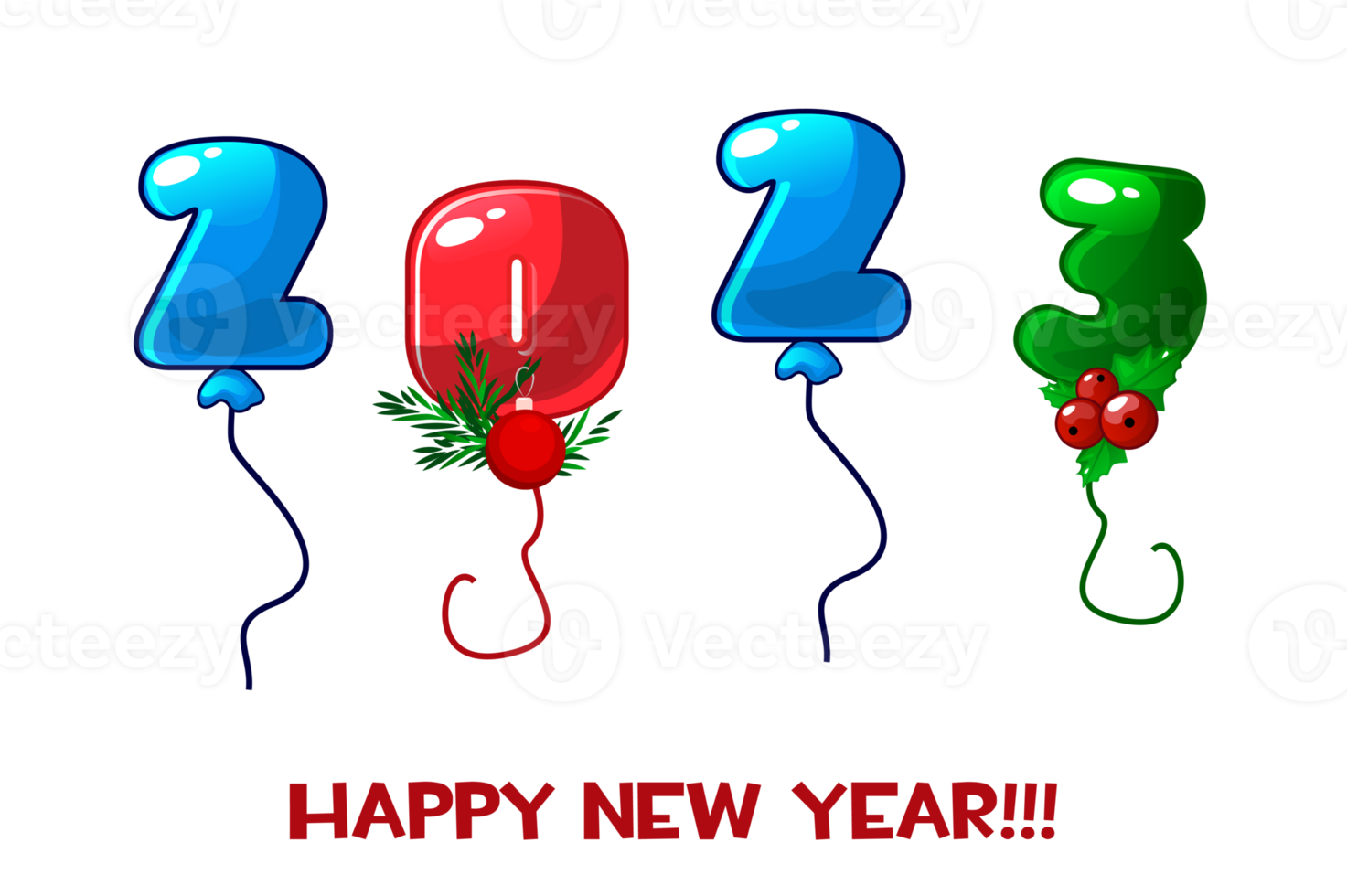 Greeting card happy new year 2023 numbers balloons. Colorful balloons on the background, postcard for the holiday. png