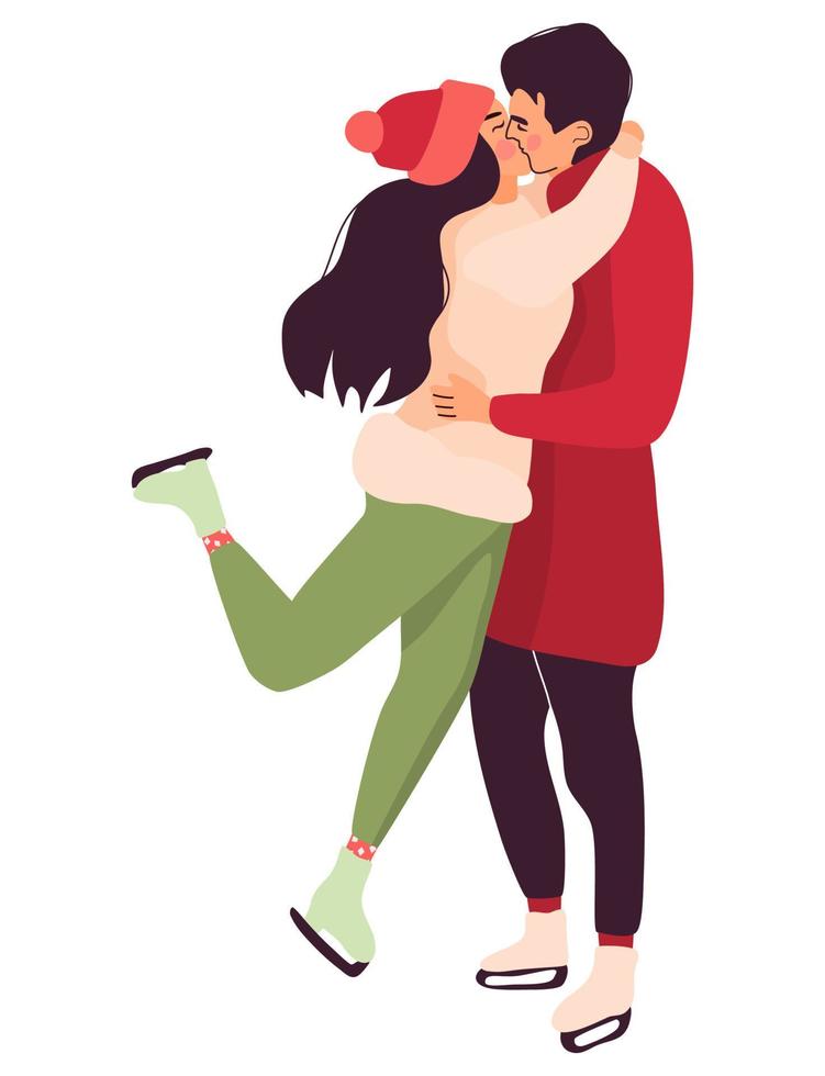 pareja romántica enamorada, abrazándose y besándose en la pista de patinaje. mujer y hombre de moda de invierno, ilustración temática de vacaciones para el diseño de postales. vector