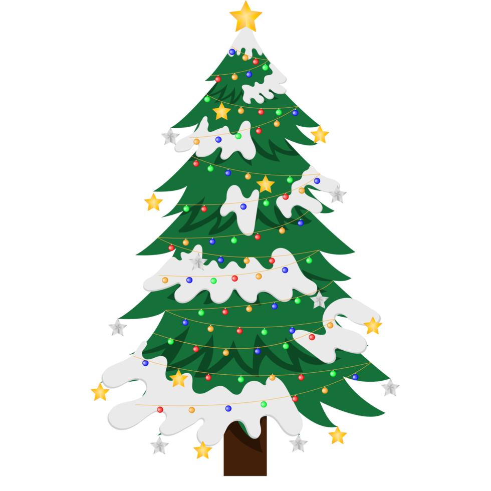 Christmas trees cartoon on tranparent background. New Years and xmas traditional symbol tree with garlands, light bulb, star. Winter holiday. png