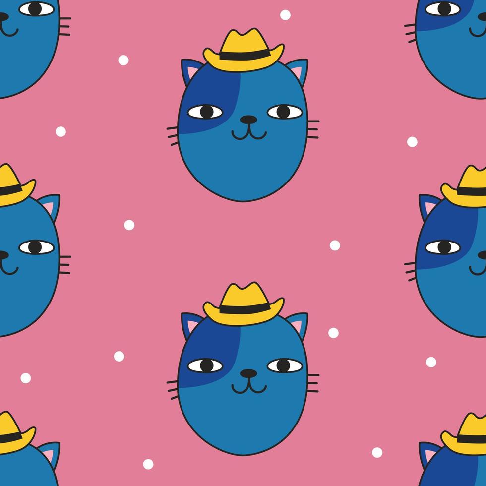 Seamless pattern with cute cat in a hat. Doodle slyle. Vector illustration