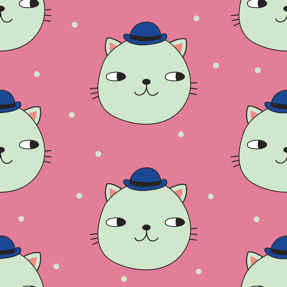 patrón impecable con un lindo gato con un sombrero azul. estilo garabato. ilustración vectorial vector