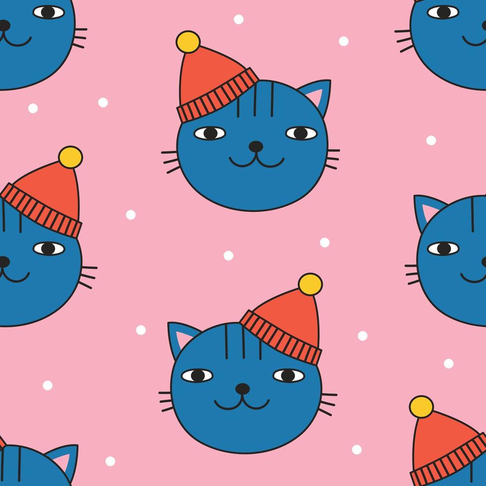 Seamless pattern with cute blue cat in winter hat. Vector illustration