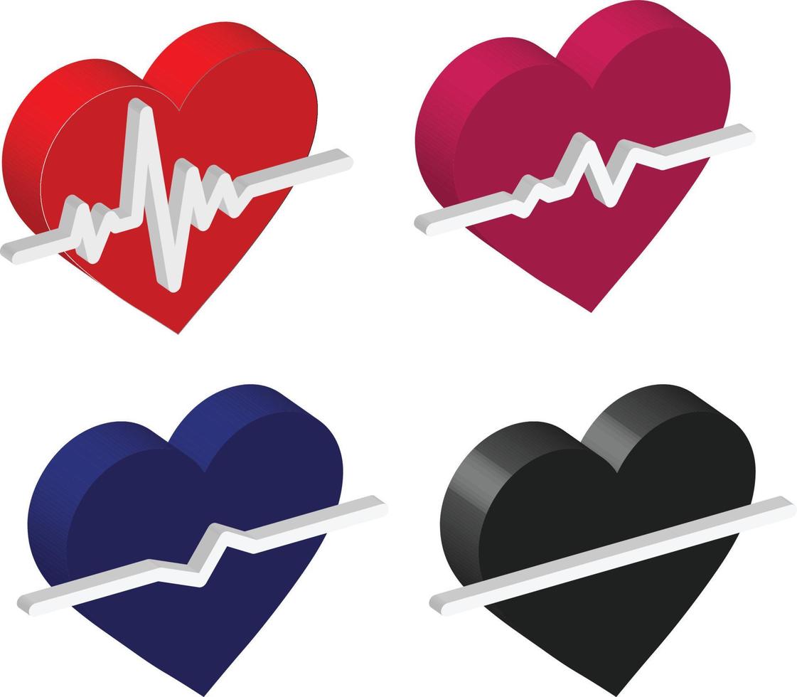 forma de corazón isométrica e ilustración 3d línea de latidos del corazón y ecg - conjunto de señales de ekg vector