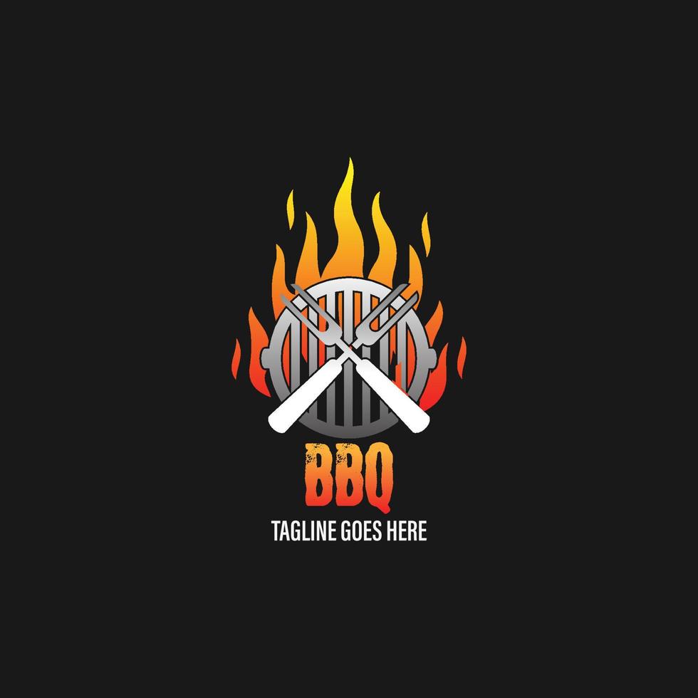 logotipo de barbacoa con logotipo de barbacoa y concepto de fuego en combinación con espátula vector