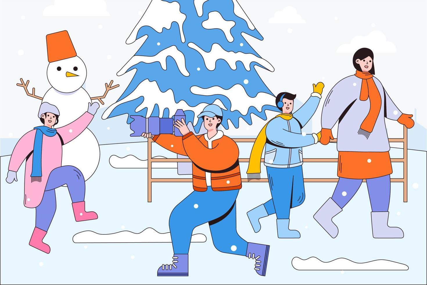 Family spending leisure time in park, father and daughter making snowman then taking photo, mother and son walking hand in hand. Cartoon characters with outline. Vector illustrations for landing page