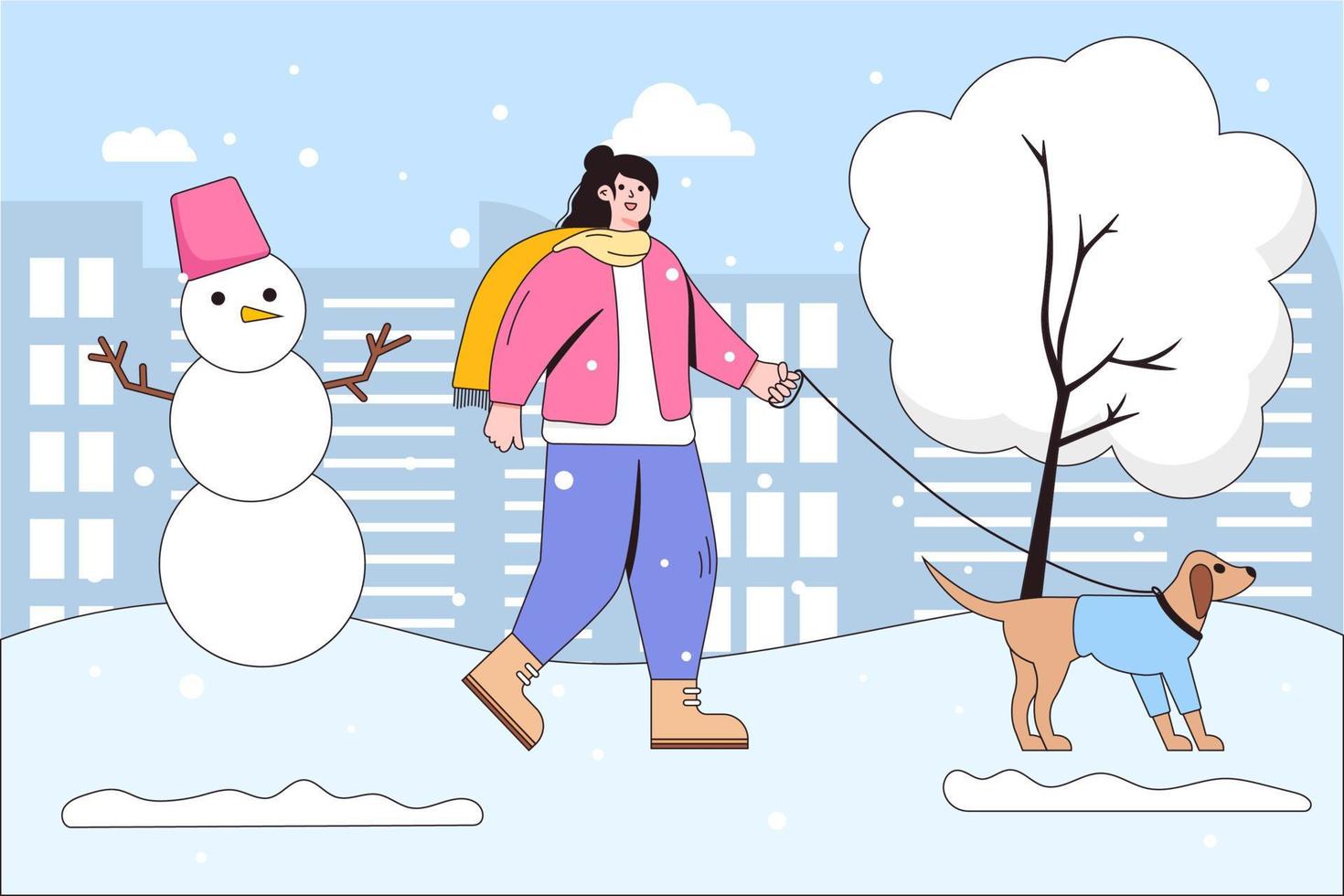 Young woman wear casual warm clothes walking with dogs and looking in smartphone. Seasonal winter activities. Cartoon characters with outline. Vector illustrations