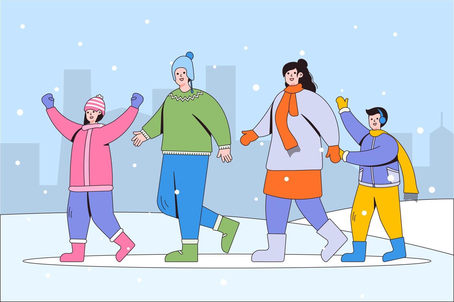 Happy family walking outdoors together. Father, mother, and kids enjoying seasonal winter activities. Cartoon characters with outline. Vector illustrations for landing page template, ui, web, poster