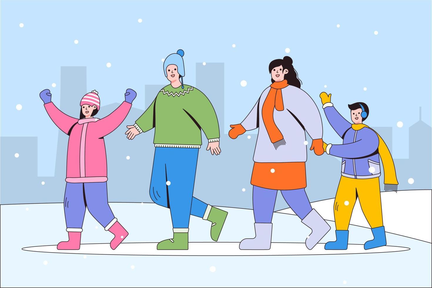 Happy family walking outdoors together. Father, mother, and kids enjoying seasonal winter activities. Cartoon characters with outline. Vector illustrations for landing page template, ui, web, poster