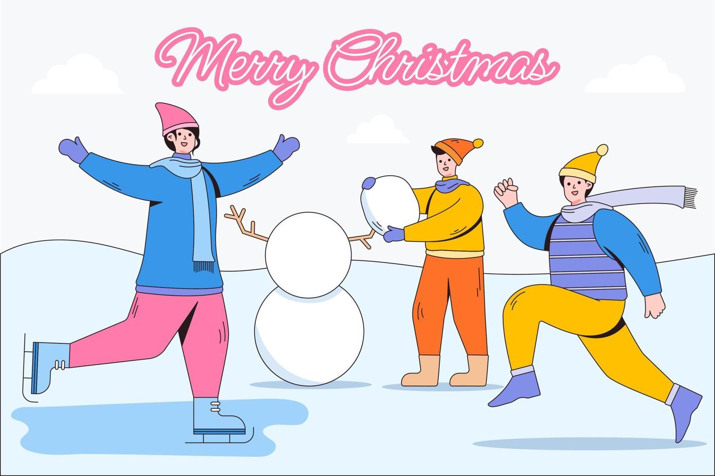 feliz fondo navideño con actividades familiares disfrutando del invierno estacional, hijo haciendo un muñeco de nieve, padre corriendo, madre patinando sobre hielo. personajes de dibujos animados con contorno. ilustraciones vectoriales vector