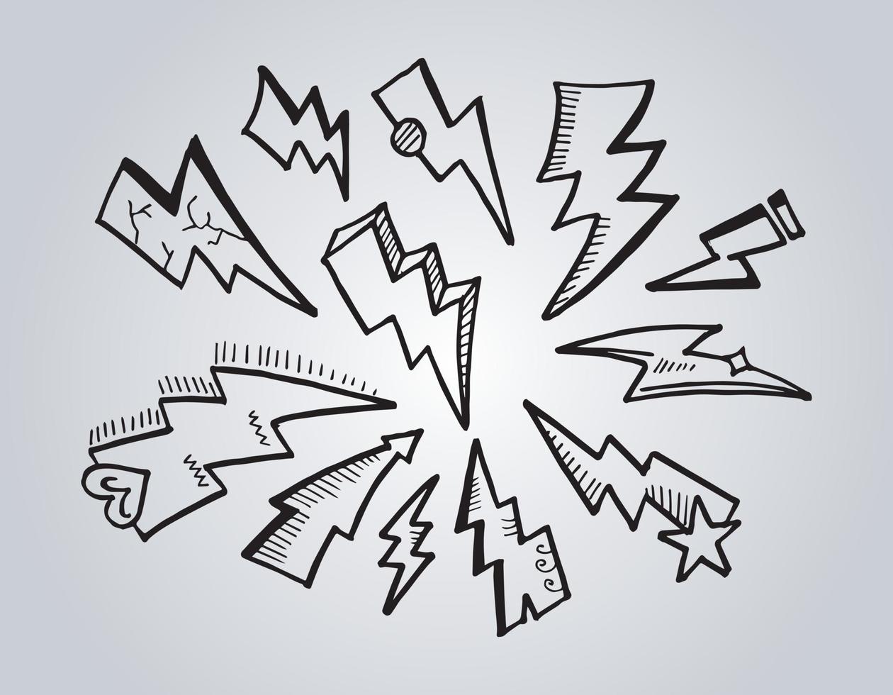 set of hand drawn vector doodle electric lightning bolt symbol sketch illustrations. thunder, vector ilustration