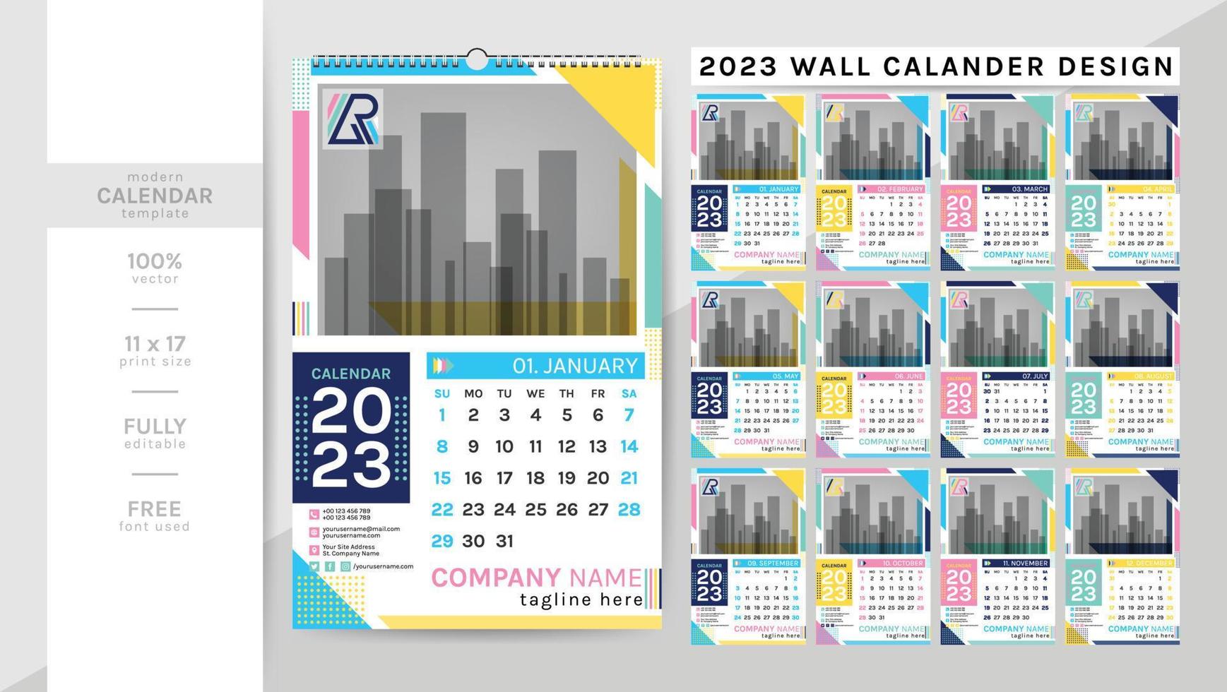 creative Elegant wall Calendar template for the 2023 year. Planner diary in a minimalist and unique shape 2 theme colorwork style, black and others. Week Starts Sunday and Set of 12 months 12 pages. vector
