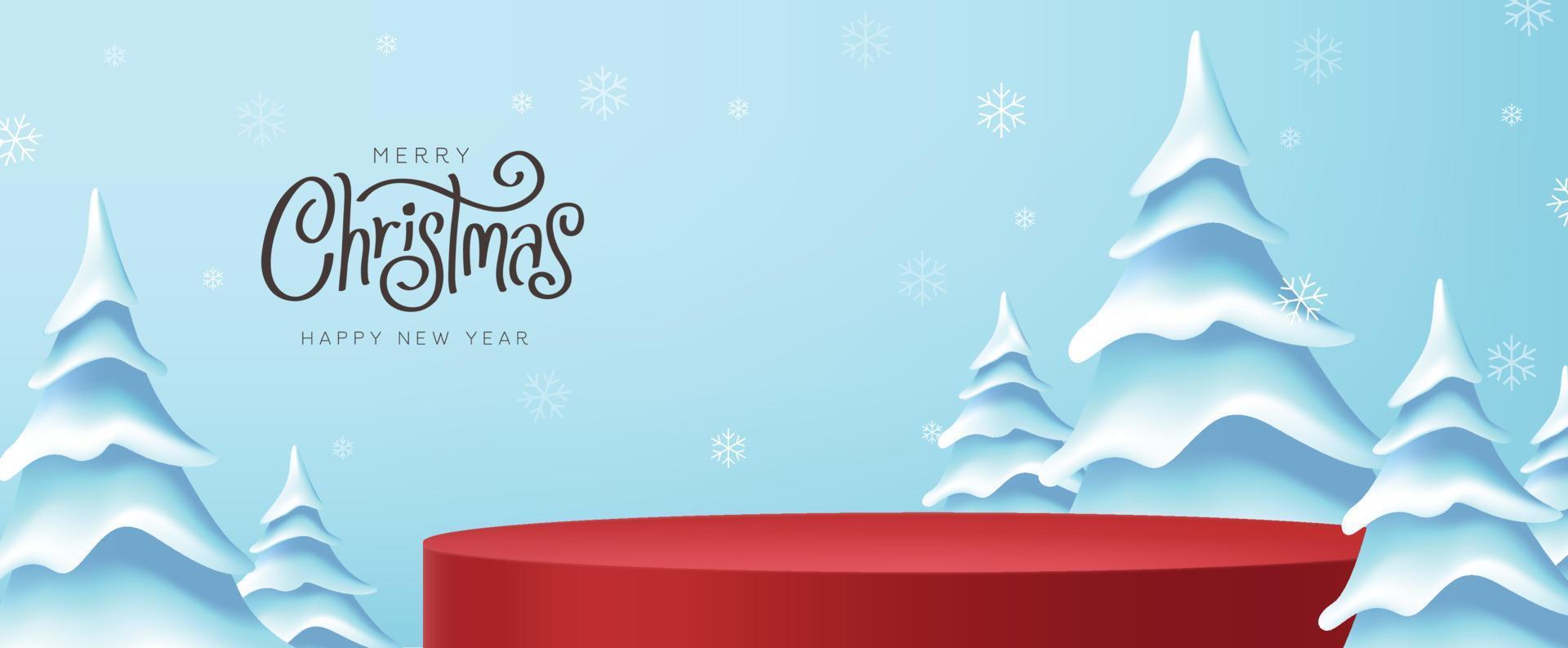 Merry Christmas banner with product display cylindrical shape and christmas tree landscape vector
