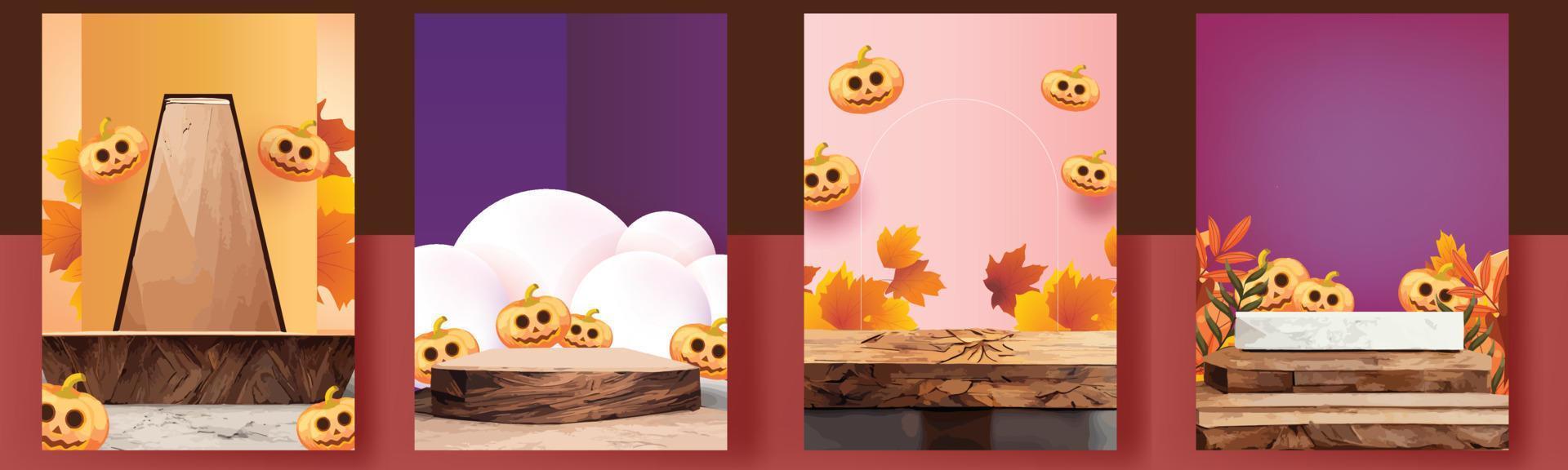 podio escenario otoño halloween temporada papel arte colorido para espectáculo banner venta vector illustation calabaza