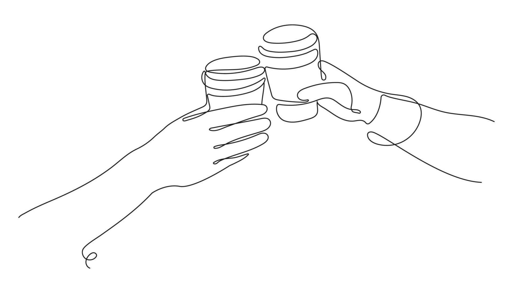 un dibujo de línea continua de manos con vasos de café. manos tintinean vasos de café. ilustración vectorial, arte lineal. vector