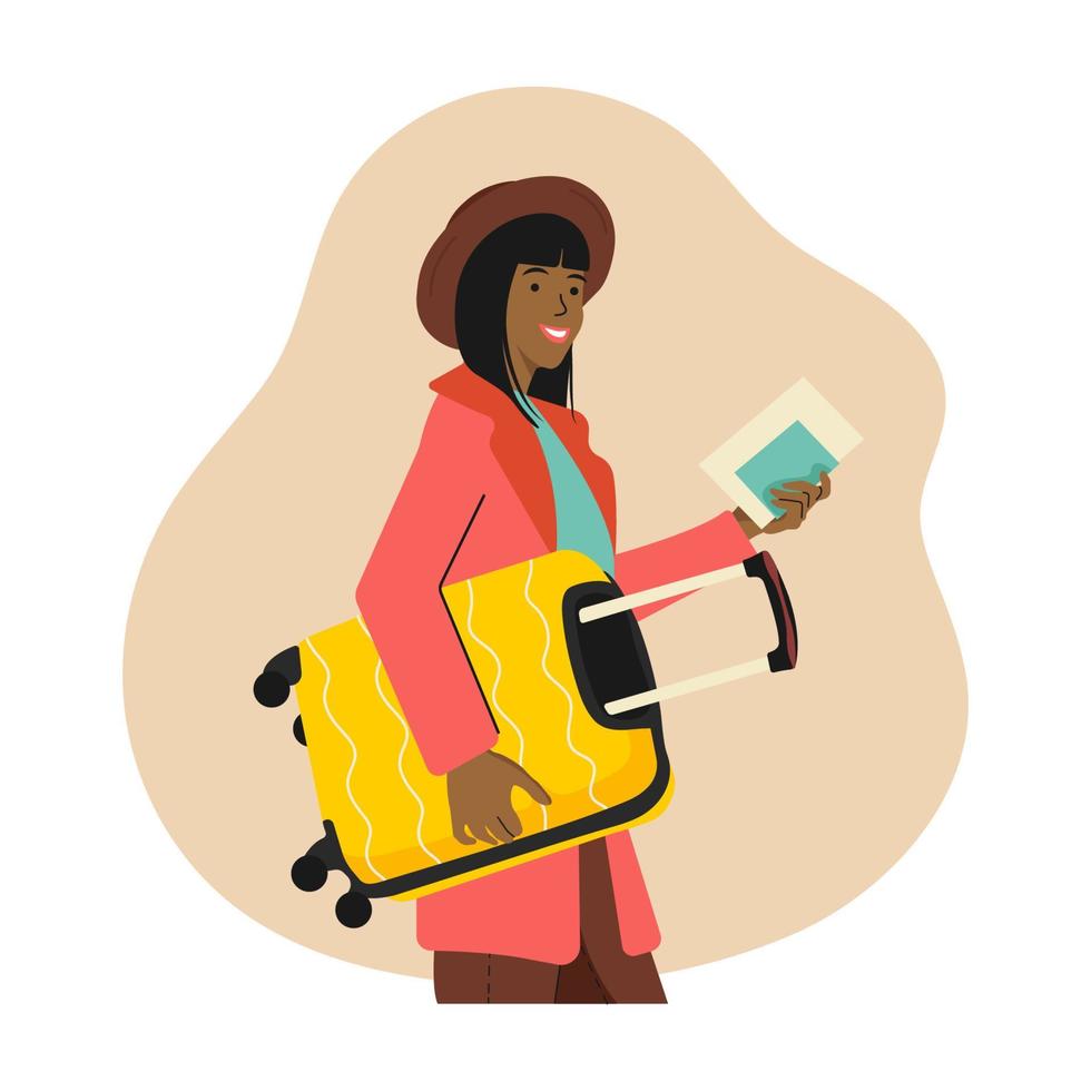 mujer afroamericana con una maleta y un pasaporte con boletos de embarque. concepto de viaje mujer joven con una maleta en la mano. ilustración vectorial plana. vector