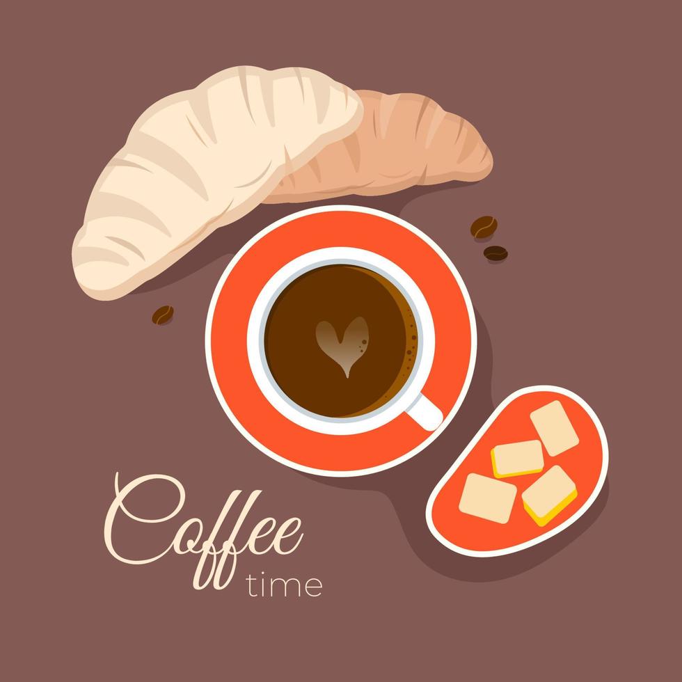 taza de café con croissant y trozos de mantequilla sobre un fondo marrón e inscripción a la hora del café. desayuno de la mañana vista superior. ilustración vectorial plana. vector