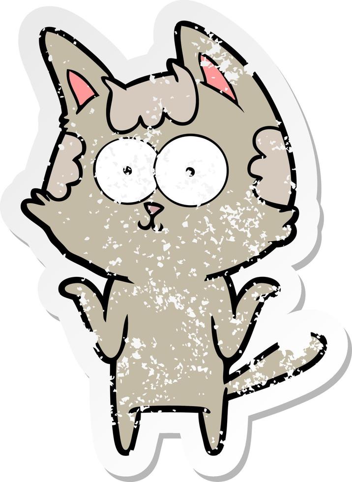 distressed sticker of a happy cartoon cat shrugging shoulders vector