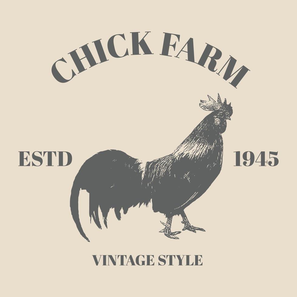 Logo Chicken vintage illustration. Vector hen what standing side view. Farm animal sketch illustration. Graphical silhouette chicken and inscription hand drawn illustration template design