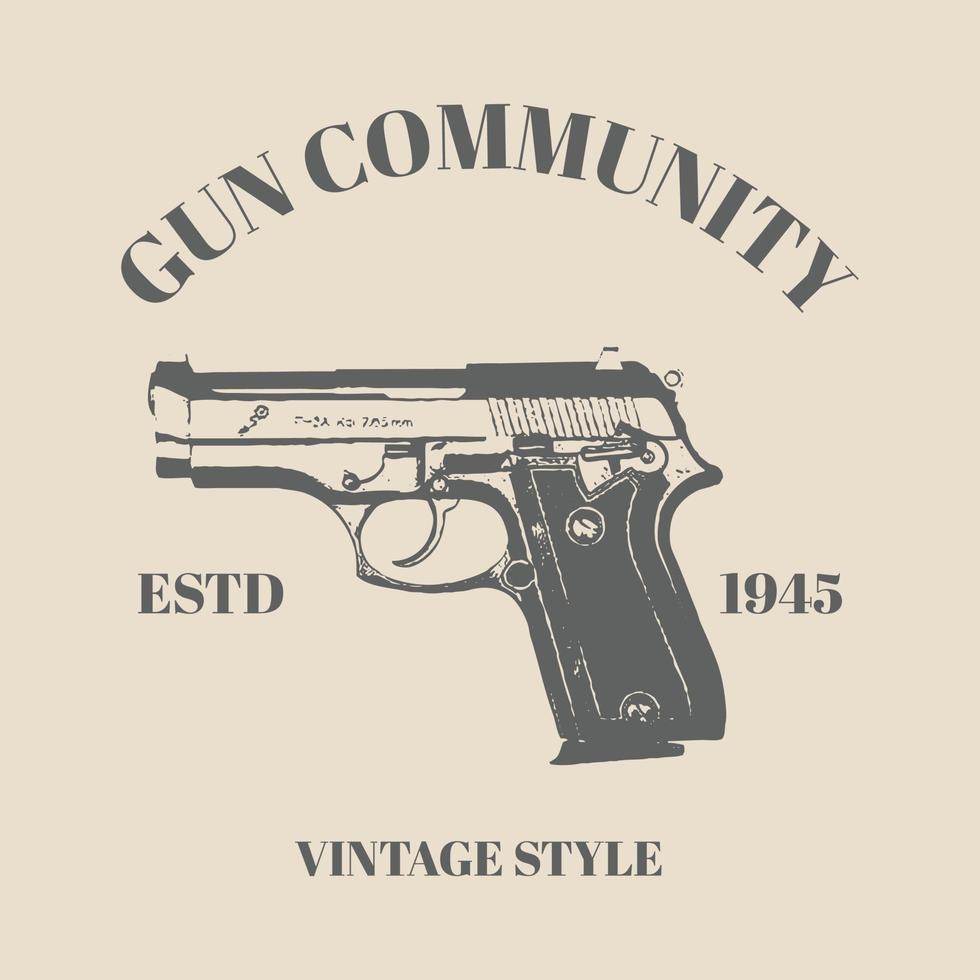pistola de revólver dibujada a mano con el logotipo. arma de fuego, boceto de pistola. diseño de plantilla de ilustración vectorial vintage vector
